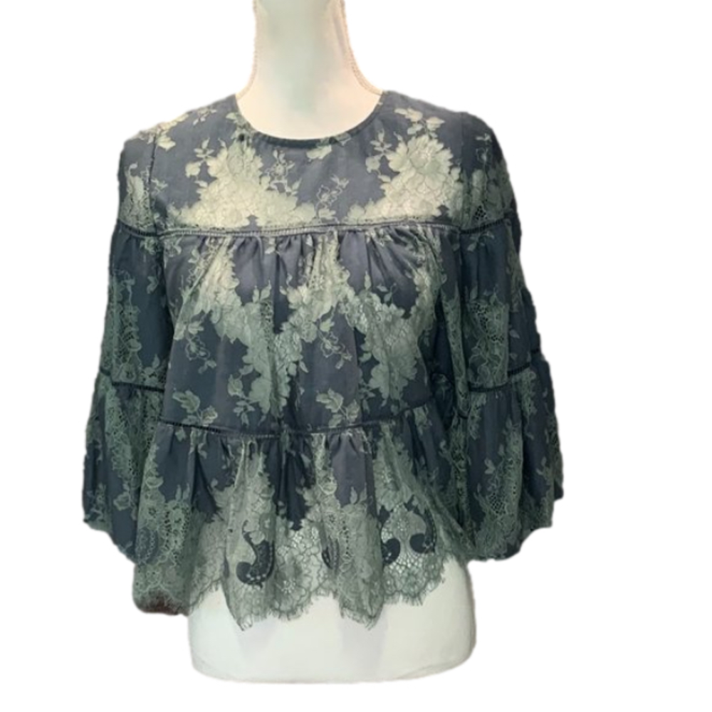 Current Air Lace Top Sheer Sorbet Wide Sleeve Crop Swing Babydoll Top